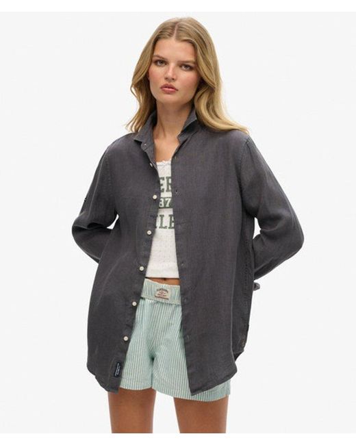 Superdry Gray Oversized Casual Linen Long Sleeve Shirt