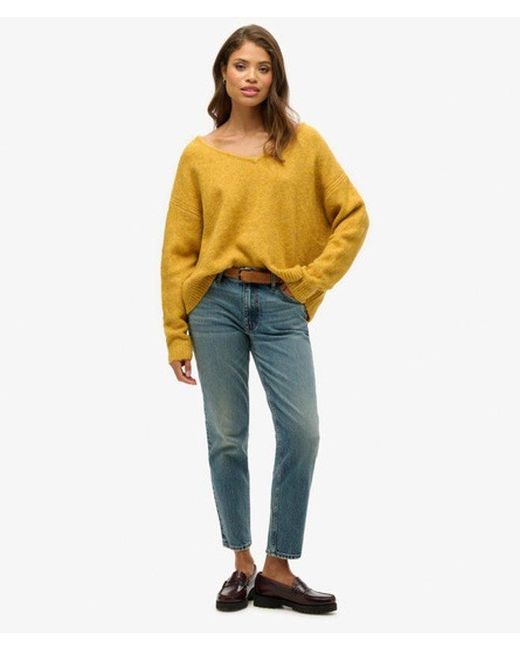 Superdry Yellow Oversized V Neck Jumper - Size: 10