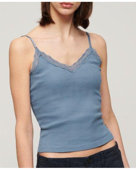 Superdry Blue Ladies Slim Fit Lace Trim Athletic Essential Cami Top