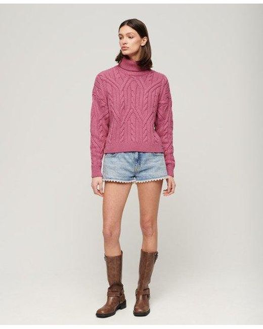 Superdry Pink Twist Cable Knit Polo Neck Jumper
