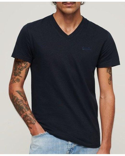 Superdry Blue Organic Cotton Embroidered Logo V Neck T-shirt for men