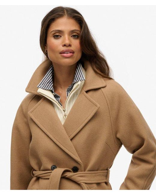 Superdry Brown Relaxed Long Wool Coat