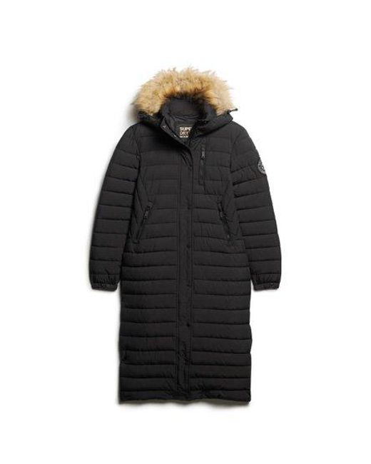 Superdry Black Quilted Fuji Hooded Longline Puffer Coat