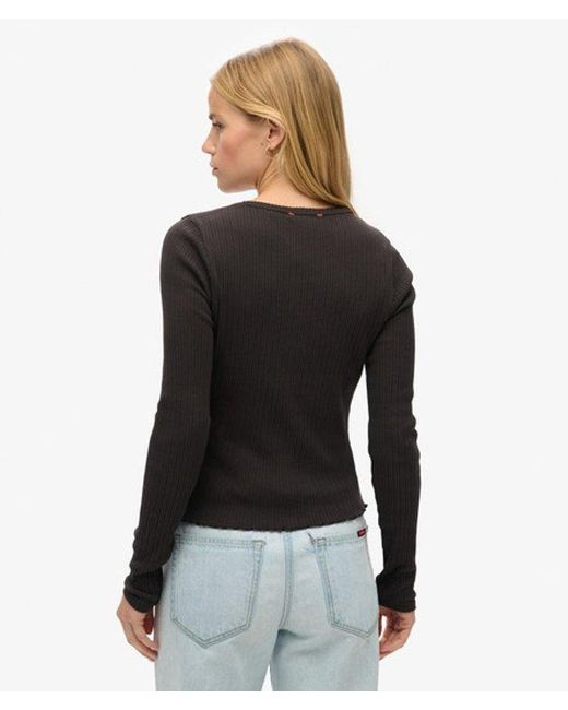 Superdry Black Ladies Slim Fit Ribbed Essential Button Through Long Sleeve Top