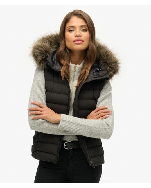 Superdry Black Fuji Faux Fur Hooded Gilet