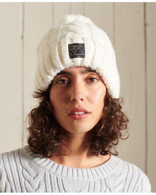 Superdry Tweed Cable Beanie in White | Lyst
