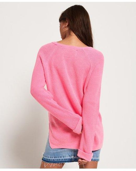 Superdry Pink Waffle Acid Wash Knit Jumper Fluro