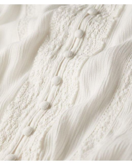 Superdry White & Co Long Sleeve Lace Trim Smocked Blouse