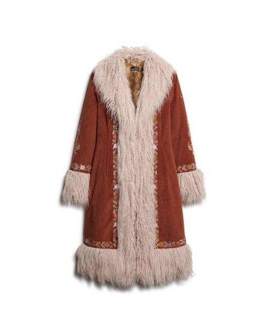 Superdry Blue Embroidered Long Afghan Coat Rust Cord