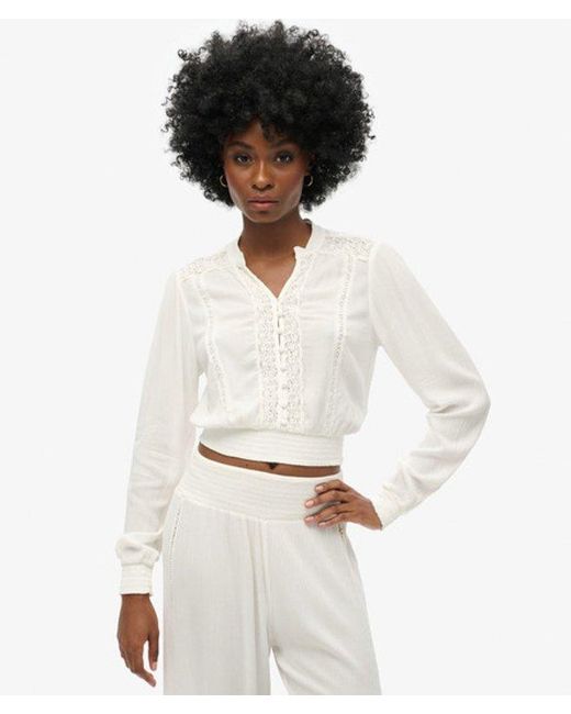 Superdry White & Co Long Sleeve Lace Trim Smocked Blouse