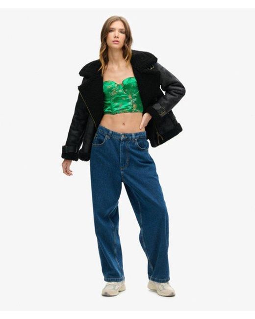 Superdry Green & Co Embroidered Satin Brocade Crop Corset Top