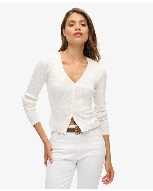 Superdry White Ladies Slim Fit Essential Button Through Long Sleeve Top