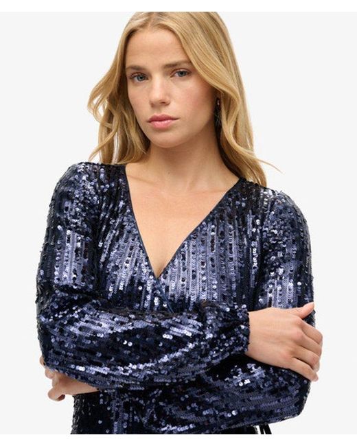 Superdry Blue & Co Slim Fit Long Sleeve Sequin Wrap Maxi Dress