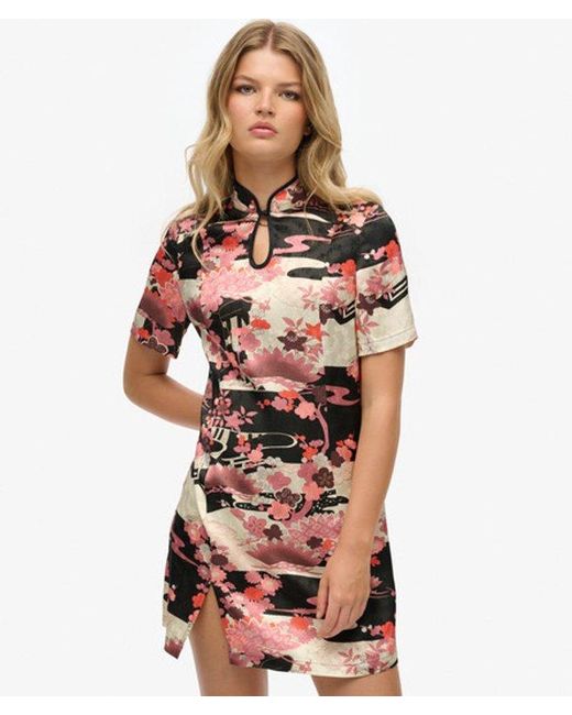 Superdry Red Floral Print Mandarin Jacquard Mini Dress