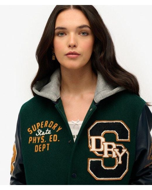 Superdry Green Oversized Hooded College Patched Bomber