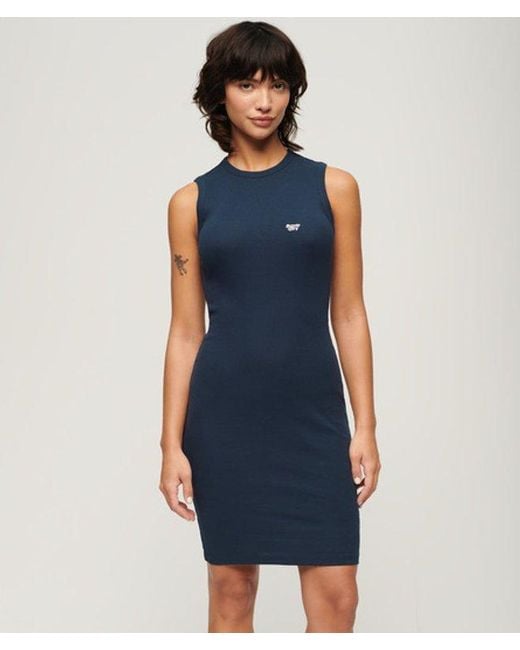 Superdry Blue Cotton Rib Bodycon Midi Dress
