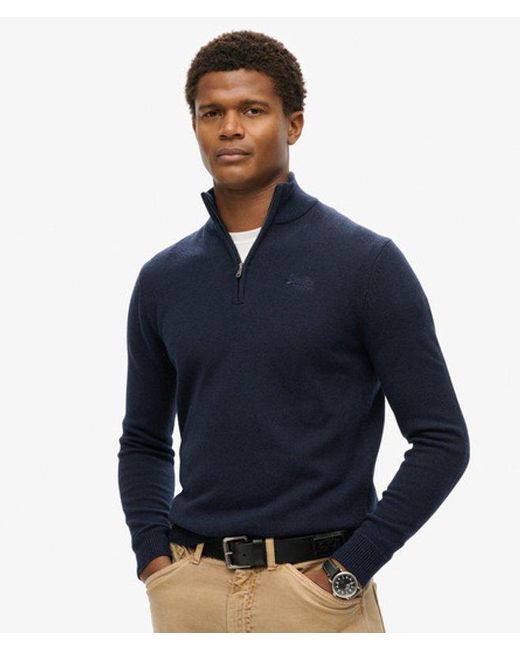 Superdry Blue & Co Classic Embroidered Logo Nylon And Wool Half Zip Jumper for men
