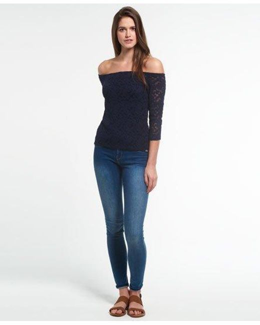 Superdry Blue Essentials Off Shoulder Lace Top Eclipse