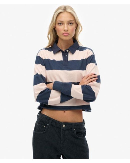 Superdry Blue & Co Athletic Essentials Cropped Stripe Rugby Top