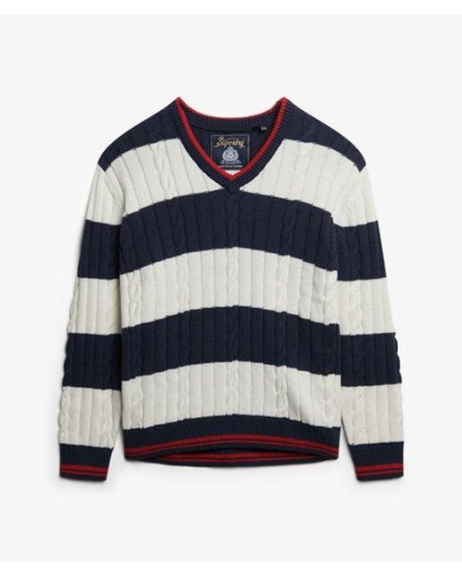Superdry Blue & Co Stripe Oversized Cable V Neck Jumper