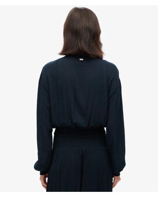 Superdry Blue & Co Classic Long Sleeve Lace Trim Smocked Blouse