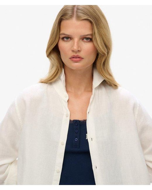 Superdry White Oversized Casual Linen Long Sleeve Shirt