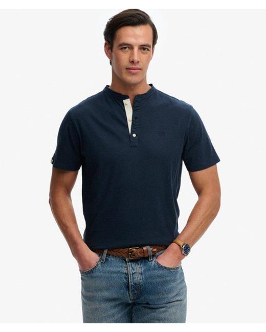 Superdry Blue Classic Cotton Linen Short Sleeve Henley T-Shirt for men