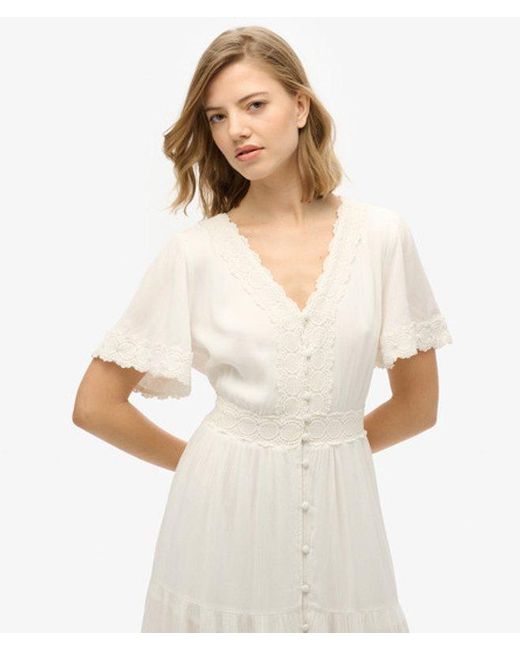 Superdry Natural Lace Detail Ibiza Short Sleeve Midi Tea Dress