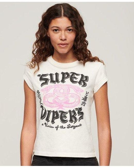 Superdry White Embellished Poster Cap Sleeve T-shirt