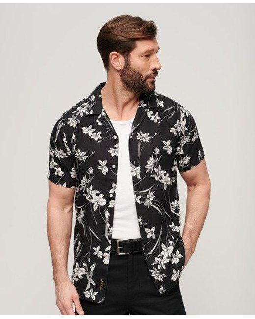 Superdry Black Open Collar Printed Linen Shirt for men