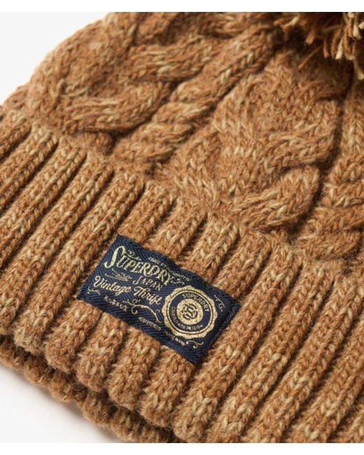 Superdry Brown Chunky Cable Beanie Hat - Size: 1size