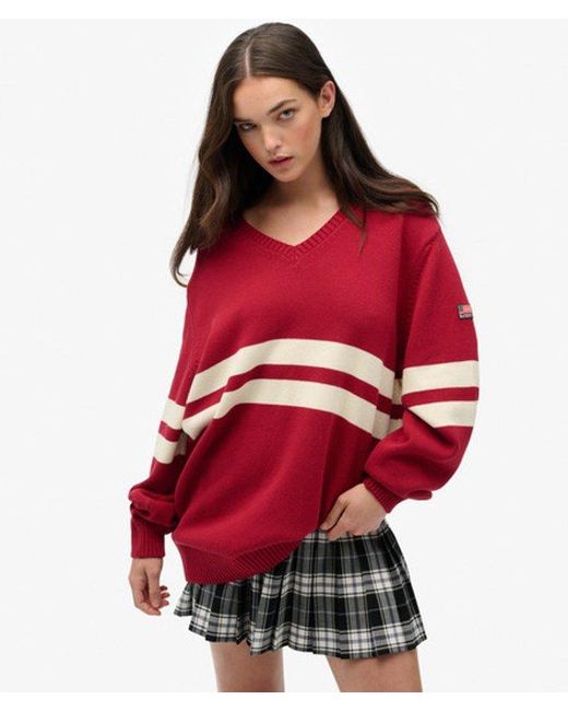 Superdry Red Oversized Striped V-neck Jumper