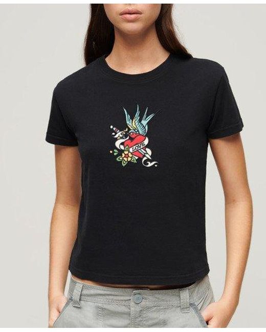 Superdry Black Tattoo Embroidered Fitted T-shirt