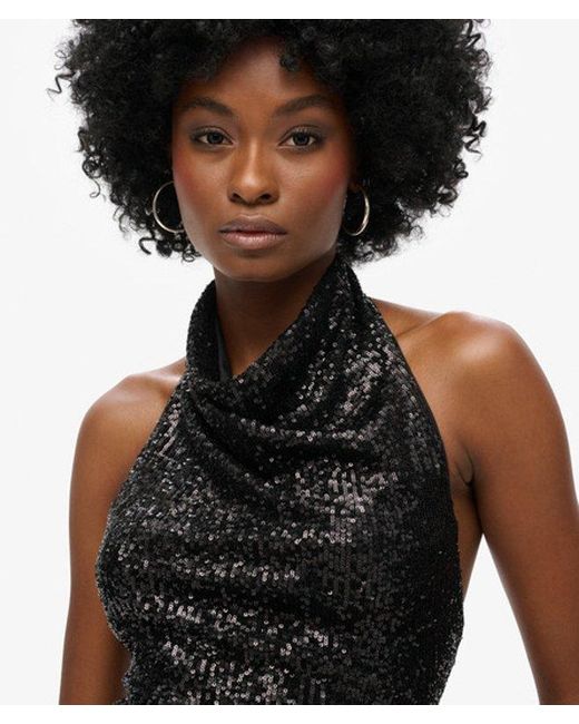 Superdry Black & Co Sequin Cowl Halter Neck Top