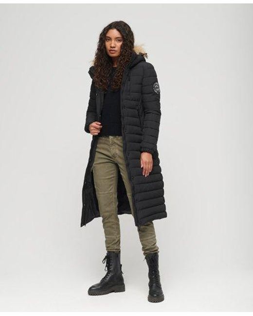 Superdry Black Quilted Fuji Hooded Longline Puffer Coat