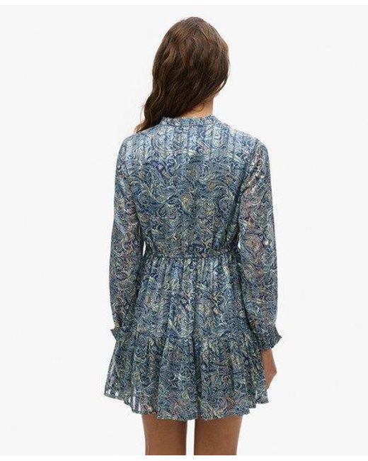 Superdry Blue Paisley Print Relaxed Fit Printed Long Sleeve Metallic Mini Dress