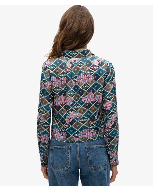 Superdry Blue & Co Sheer Lurex Printed Blouse