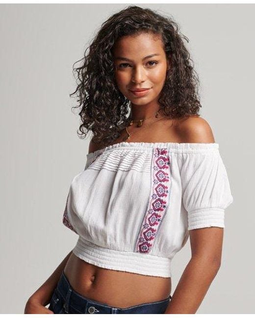 Superdry White Smocked Embroidered Top