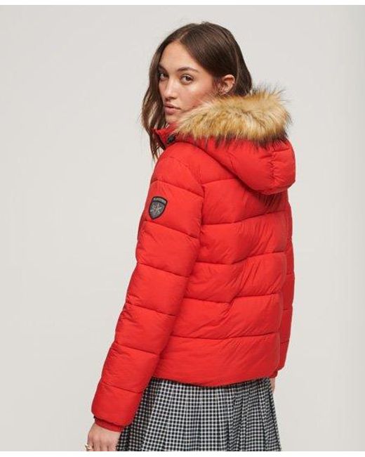 Superdry Red Faux Fur Short Hooded Puffer Jacket