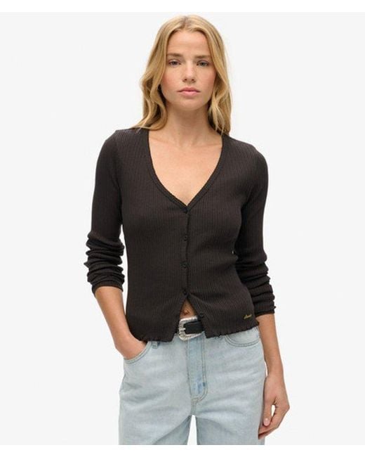 Superdry Black Ladies Slim Fit Ribbed Essential Button Through Long Sleeve Top