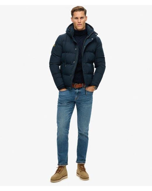 Superdry Blue Classic Quilted Everest Short Hooded Puffer Jacket for men