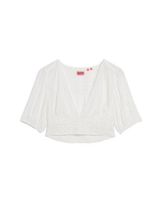 Superdry White Ibiza Short Sleeve Lace Trim Top