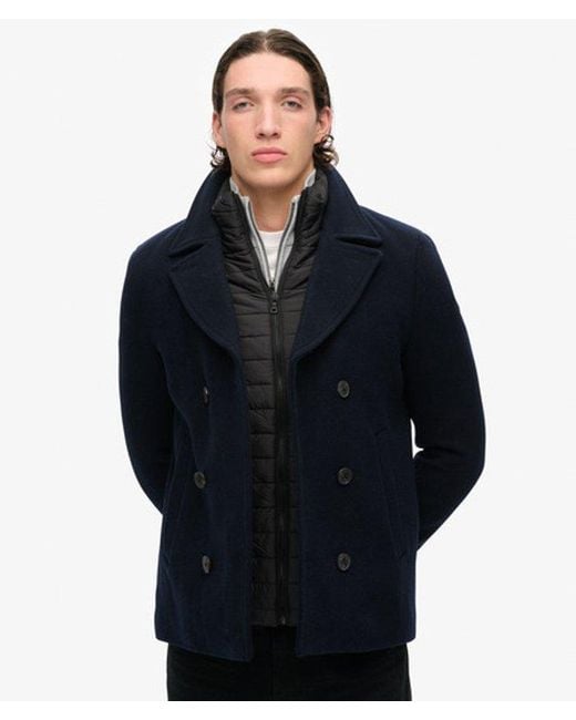 Superdry Blue Classic 2 In 1 Wool Pea Coat for men