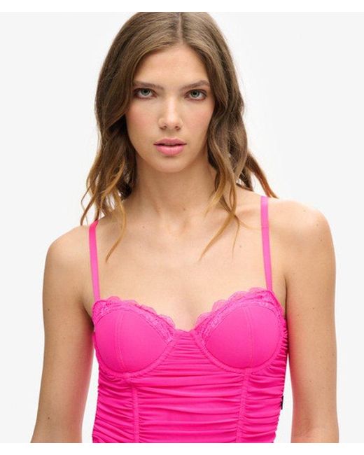 Superdry Pink Lace Ruched Mesh Crop Corset Top