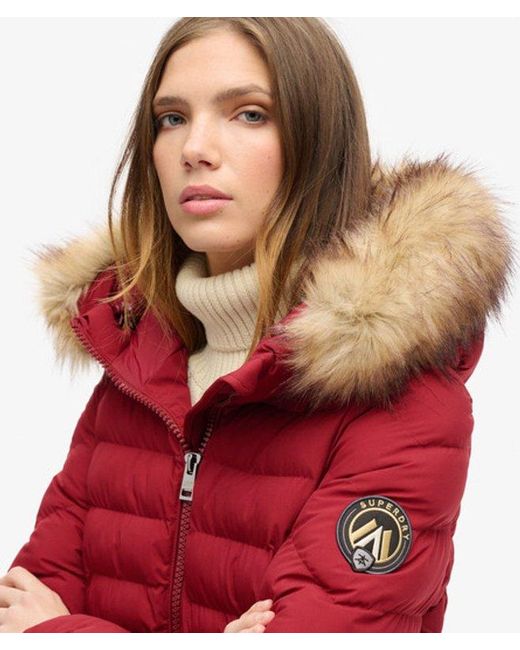 Superdry Red Fuji Faux Fur Hooded Padded Jacket