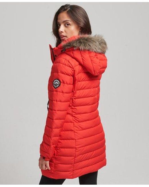 Superdry Red Faux Fur Hooded Mid Length Puffer Jacket