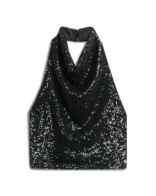 Superdry Black & Co Sequin Cowl Halter Neck Top
