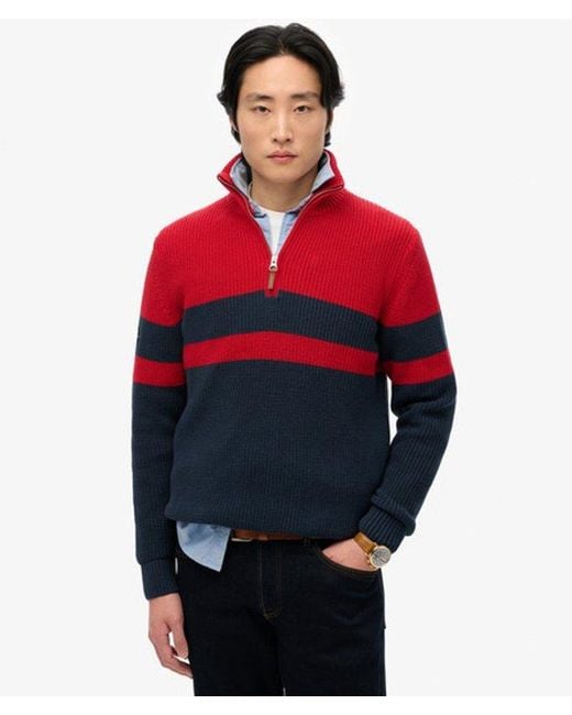 Superdry Red Cotton Classic Stripe Half-Zip Jumper for men