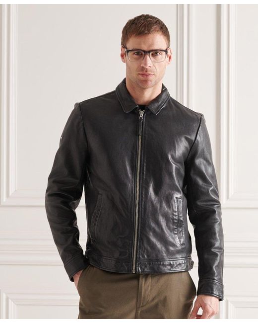 Superdry Black Slim Fit Coach Leather Jacket for men