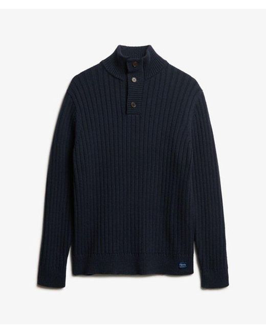 Superdry Blue Ribbed Half Button Jumper for men